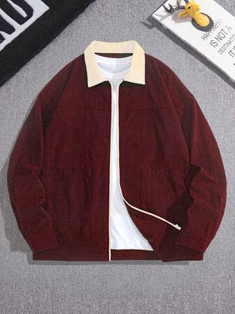 男士时尚复古夹克，灯芯绒撞色翻领休闲工装宽松飞行员夹克，适合休闲外出，学院风
