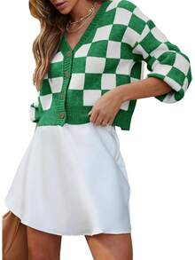 Women's Checkered Button Down Long Sleeve Knit Cropped Cardigan Sweater Tops, Style - 綠色 - 查看 11