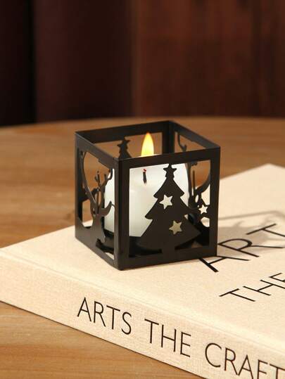 1pc Modern Black Square Hollow Deer Candle Holder, Christmas Element Hollow Art Design Candle Holder With Reindeer And Christmas Tree, Suitable For Christmas Party Decoration, Home, Gathering Tabletop Decor