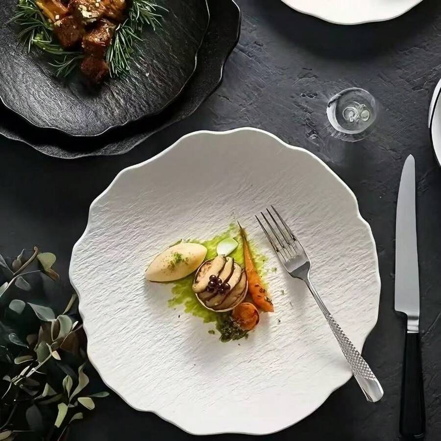 Plato hondo asimétrico con patrón de piedra, plato para verduras, plato de ensalada creativo y sencillo para el hogar, vajilla de cerámica de alta gama - Blanco - Ver 1