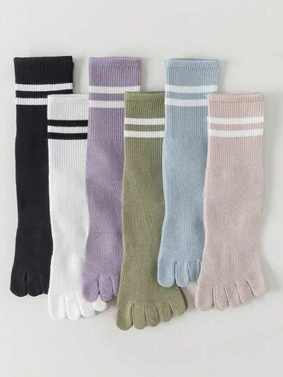1/3/6 Pairs Women's Multicolor Five Finger Socks, Mid-Calf Socks, Professional Sports Five Toe Socks, Yoga Socks, Simple & Fashionable Toe Separator Socks, Suitable For Spring, Autumn And Winter