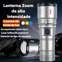 Lanterna Luz Forte Multifuncional , 6 Modos de Luz, Recarregável USB 3600mAh LAN-7613 - Cinza - Visão 2