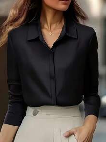 Women's Elegant Satin Long Sleeve Button-Up Shirt - Classic Office & Casual Style, Front Button Design, Non-Sheer Fabric, Easy Care (Hand Wash/Dry Clean), Versatile For Work & Everyday Wear, Formal & Casual, Durable & Fashionable Top, Essential For Professional Women