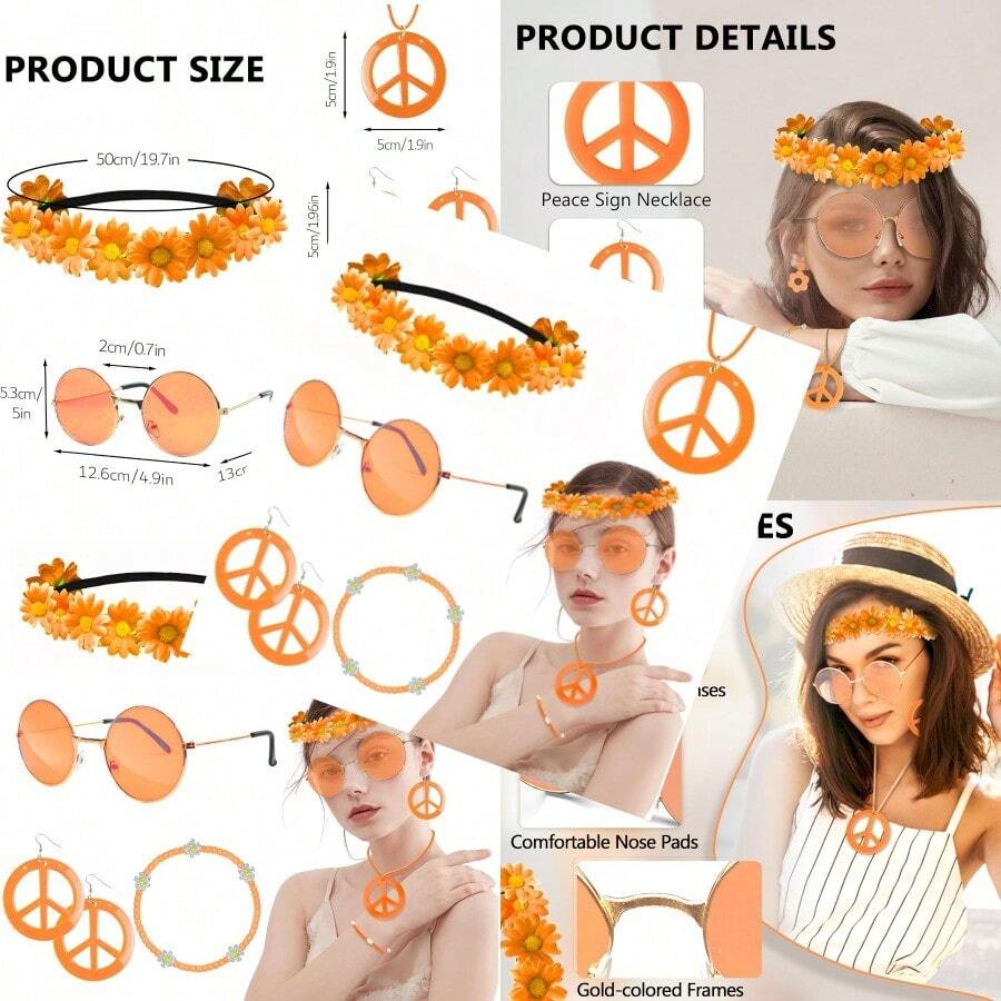 Hippie Costume Accessories Set Peace Sign Necklace Sunglasses Flower Headband Earrings For 60s 70s Outfit Party Women