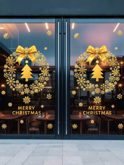 1张双面可见圣诞窗贴，图案包括花环、雪花、铃铛、蝴蝶结和圣诞装饰球，静电吸附玻璃贴纸，圣诞装饰品，适用于家居和办公室装饰，节日窗户装饰，圣诞装饰，家居房间装饰