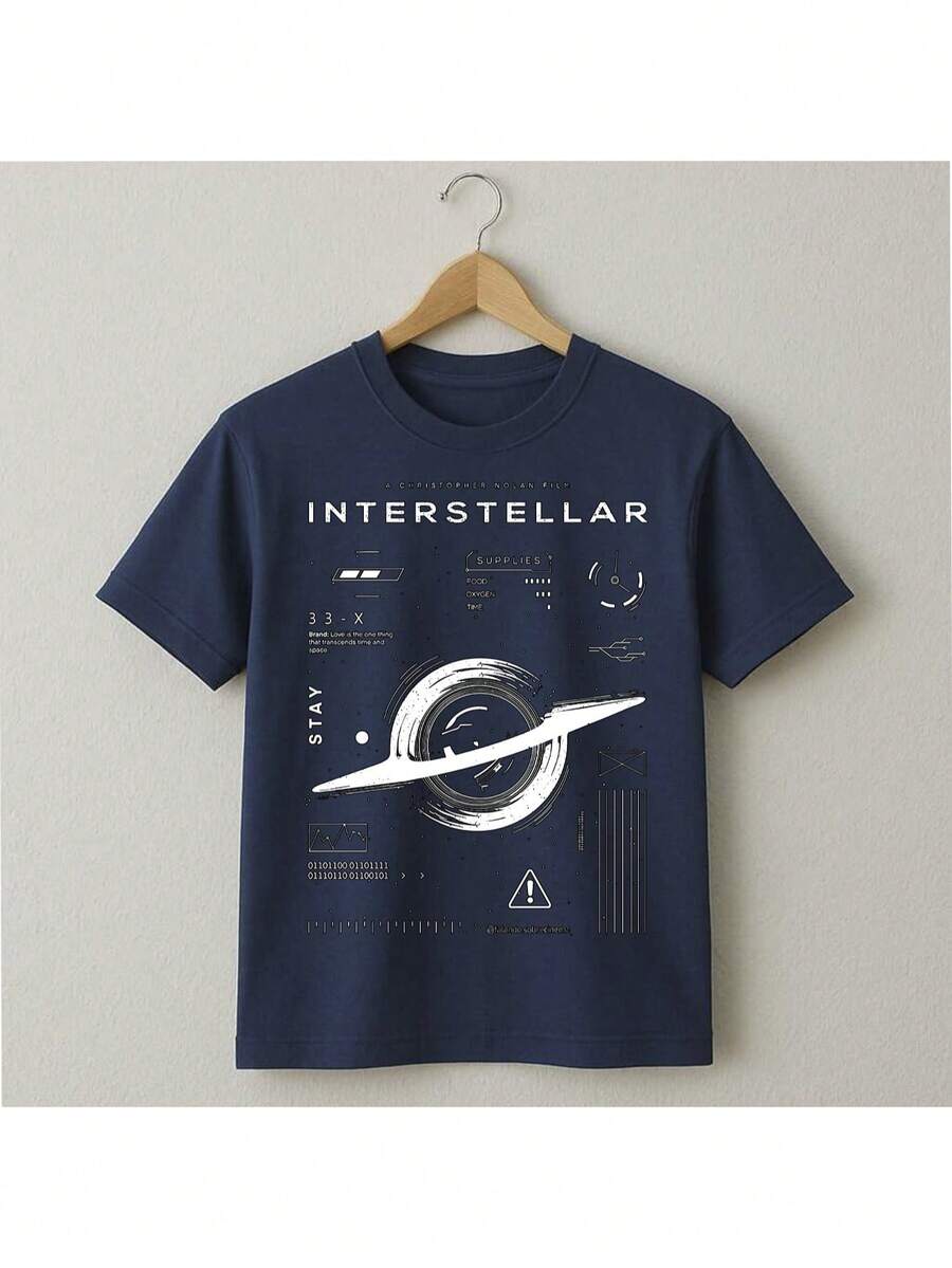 Interstellar T-Shirt Movie Space Stars Planets Astronaut Street Style Unisex Men Women 100% Cotton Premium Top Streetwear Launch Immediate Shipping Various Colors!! Plus Size - 藏蓝色 - 查看 1
