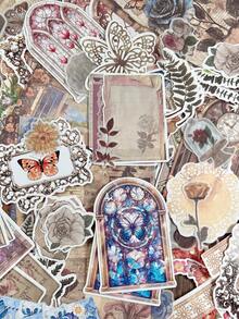 200pcs/Pack Vintage Plant Mixed Material Scrapbooking Stickers, Multifunctional DIY Decor, Planner, Scrapbook, Magazine