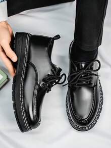 Men's High-Shine Pure Black Elevator Boots With Thick Soles Oxford And Dress Boots Big Size