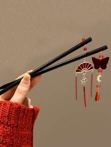 2个中式合金发夹，红色梅花蝴蝶珍珠流苏发簪，优雅复古汉服/旗袍发饰，发髻固定夹，发型发夹 - 彩色 - 查看 10