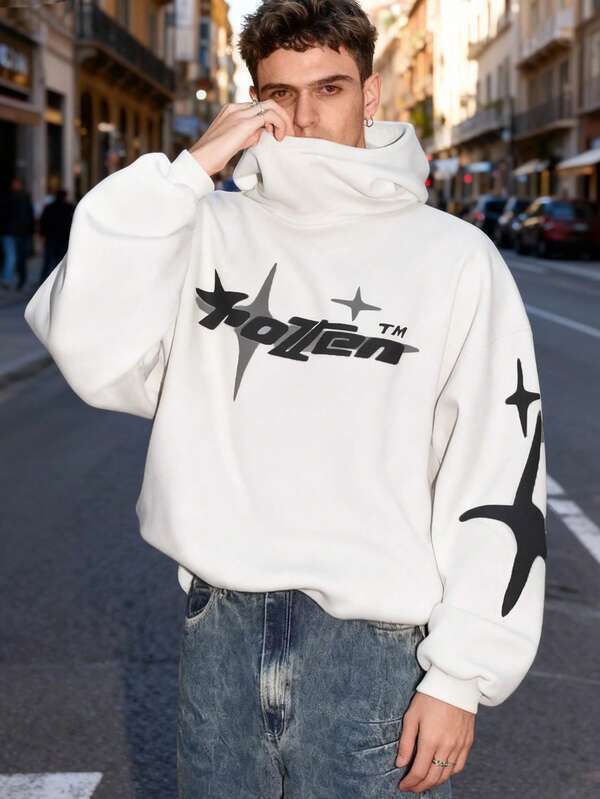 1 pieza Sudadera holgada de unicolor para adolescentes varones, sudadera de manga larga unisex con puños y bajo acanalados para mayor calidez, gráfico estilizado de letras y estrellas en el pecho y la manga, pieza esencial de moda de alta calle