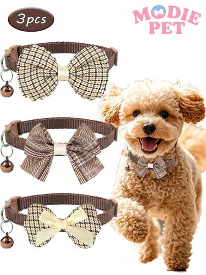 3pcs Adjustable Coffee Color Bowknot Pet Bell Collar With Leash Buckle, Cute Collar For Small Cats And Dogs