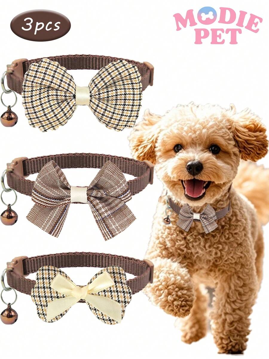 3pcs Adjustable Coffee Color Bowknot Pet Bell Collar With Leash Buckle, Cute Collar For Small Cats And Dogs - Multicolor - View 1