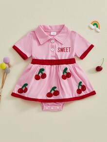 Adorable Baby Girl Fall Romper - Lapel Collar Short Sleeve Bodysuit, Bow  Cherry Embroidery Cute Outfit - Pink - View 6