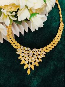 4 piezas Conjunto de joyería chapada en oro con hojas y rhinestones para mujer: Collar, Pulsera, Aretes, Anillo, Adecuado para novias europeas, africanas, de Oriente Medio, de Dubái, Arabia Saudita, bodas, fiestas, citas, vestidos, Navidad, Año Nuevo, Halloween, regalos del Día de San Valentín para mamá, novia, hermanas, uso diario