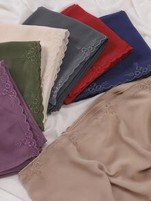 1pc Women's Solid Color Embroidered Lace Chiffon Muslim Hijab Scarf For Abaya