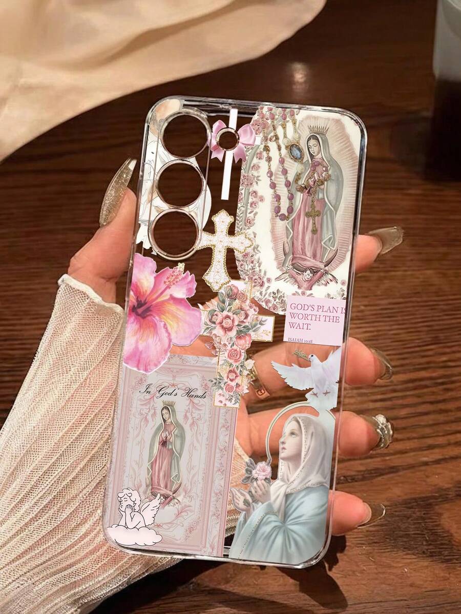 防震宗教神话人物时尚软壳手机壳，单件装，天使十字架和花卉设计，兼容华为荣耀、红米、三星Galaxy A04e/12/A13/A14/A34/A50/A52/A53/A54/S21/S22/S23/S24/S25/S25 Ultra、6A/7A/8A、12T/13T，国际版，非国内版，复活节礼物 - 無色 - 查看 1
