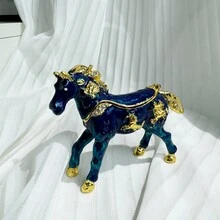 Caja de joyería de aleación con forma de caballo de 11 cm, decorada con esmalte de colores, incrustada con rhinestones, como decoración de mascota o perro, regalo decorativo para enviar a la familia o para la vuelta al colegio, para almacenamiento en el dormitorio - Caballo azul - Ver 2