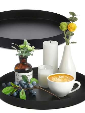 Black Circular Decorative Tray: Metal Candle Tray Decorated Coffee Table Center Decoration Large Modern Service Tray, Suitable For Kitchen Counter, Farmhouse Home Decoration
