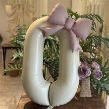 2 个 40 英寸奶油色数字 0-9 铝箔气球，带 21 英寸哑光粉色蝴蝶结 - 耐用铝制派对装饰品，适合生日、周年纪念、节日和庆祝活动 - 易于携带，无需电源，多用途派对用品，生日气球，庆祝配件，优雅的蝴蝶结设计，易于携带 - 奶油色 - 查看 5