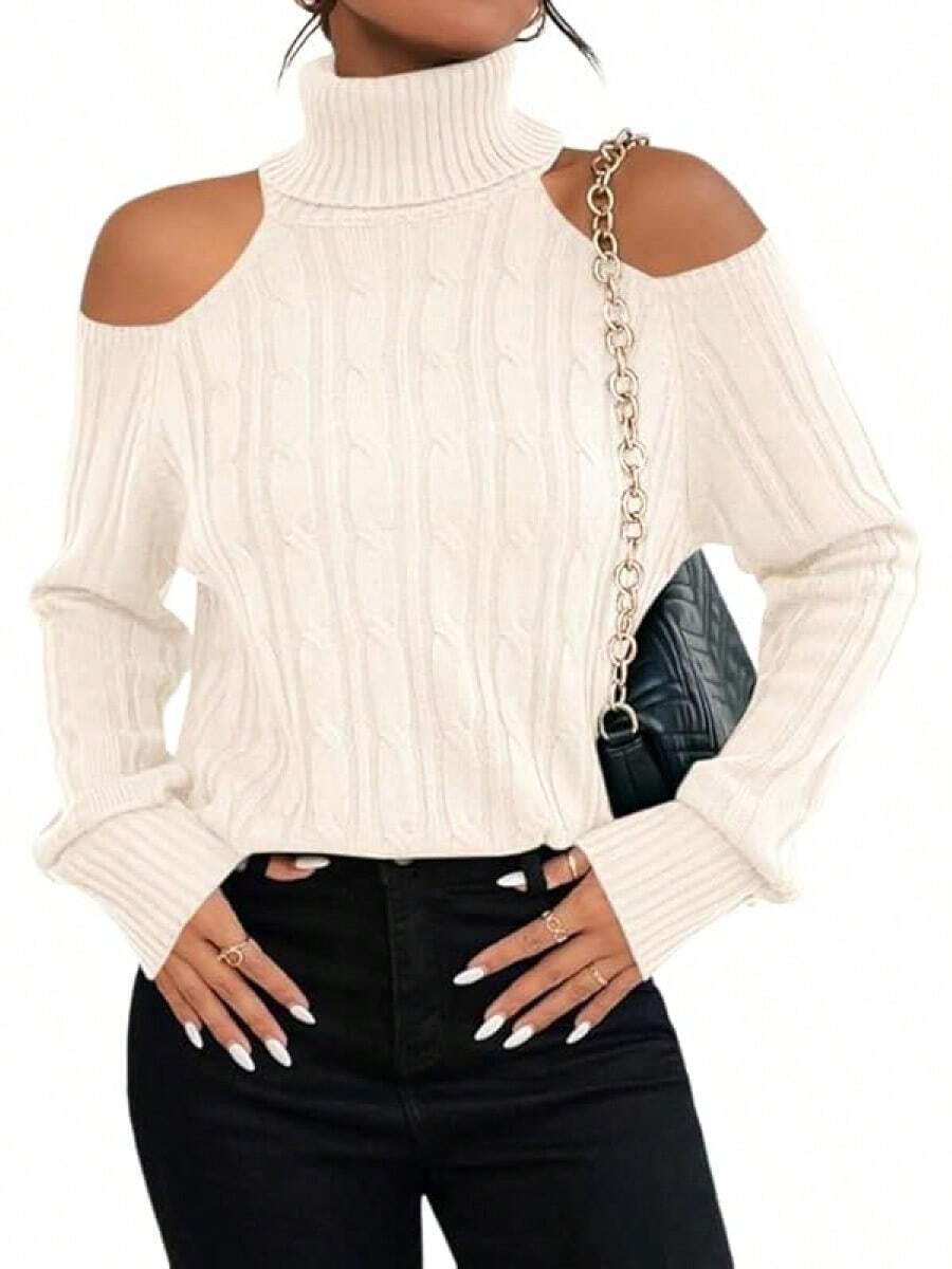Womens Cold Shoulder Turtleneck Sweaters Fall Long Sleeve Soft Knit Pullovers Jumper Tops - Beige - 查看 1