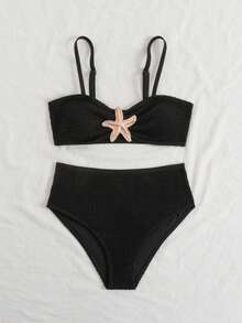 Bộ đồ bơi 2 mảnh màu đen dễ thương và thanh lịch họa tiết sao biển xếp ly dành cho bé gái 8-12 tuổi - màu đen - Xem 1