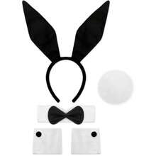Halloween Bunny Costume Accessories 5 PCS Rabbit Ears Headband Tail Bow Tie Collar Cuffs For Adult Women Cute Floppy Fluffy Cosplay Set Black And White