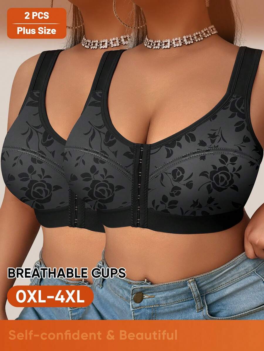 Morelect 2pcs/Set Plus Size Women's Wireless Floral Print Front Closure Bras, Comfortable & Supportive For Everyday Wear