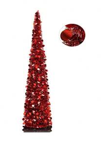 1 pieza Árbol de Navidad artificial de alambre metálico rojo expandible, árbol de Navidad de lápiz plegable decorado con lentejuelas, adecuado para decoración de árbol de Navidad (rojo oscuro) - Rojo - Ver 1