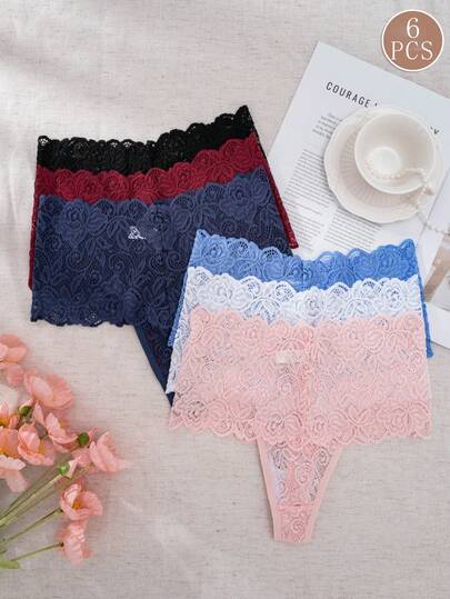 6pcs Women's High Waist Sexy Lace Thong Panties