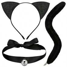 3 PCS Black Cat Costume Accessories Set For Women Black Cat Ears Headband Long Tail And Bell Choker Necklace Halloween Cats Cosplay Accessory Kit For Halloween Cosplay Dress Up Party Costume