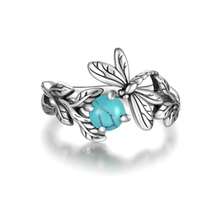 1pc Adjustable 925 Silver Dragonfly & Turquoise Ring, Insect Branch Open Ring Jewelry Gift For Women