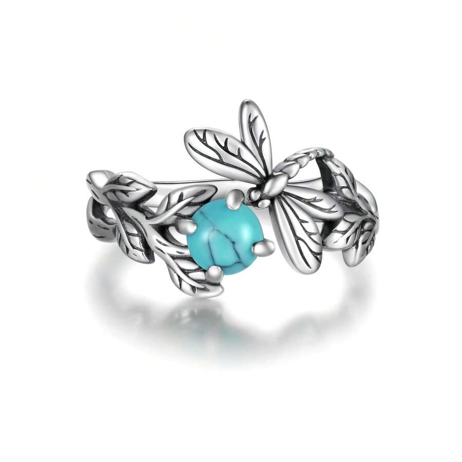 1pc Adjustable 925 Silver Dragonfly & Turquoise Ring, Insect Branch Open Ring Jewelry Gift For Women