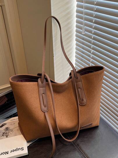 2025 秋冬新款棕色绒面革时尚简约大容量单肩拉链开合托特包，休闲百搭手提包适合日常使用、通勤、商务、上学、短途旅行、购物