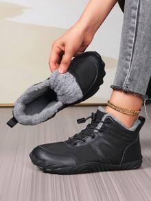 Women's Winter Outdoor Snow Boots, Fashion High-Top Short Boots, Thick Warm Shoes, Loose Comfortable Outdoor Hiking Boots, Wide Toe Lace-Up Casual Boots - Black - View 6