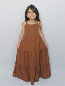 Vestido longo liso laço infantil e juvenil para crianças e adolescentes maravilhosas - Marrom - Visão 7