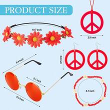 6PCS Hippie Costume Accessories Set 60s70s Retro Hippie Glasses Peace Sign Earrings And Necklace Sunflower Hair Band