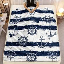 1pc Nautical Anchor & Wheel Design Flannel Blanket - Lightweight, Soft & Warm, Blue & White Striped Pattern, Perfect For Bedding, Sofas, Travel, Camping, And Home Decor, Camping Essentials  Nautical Theme  Plush Texture, Nautical Decor