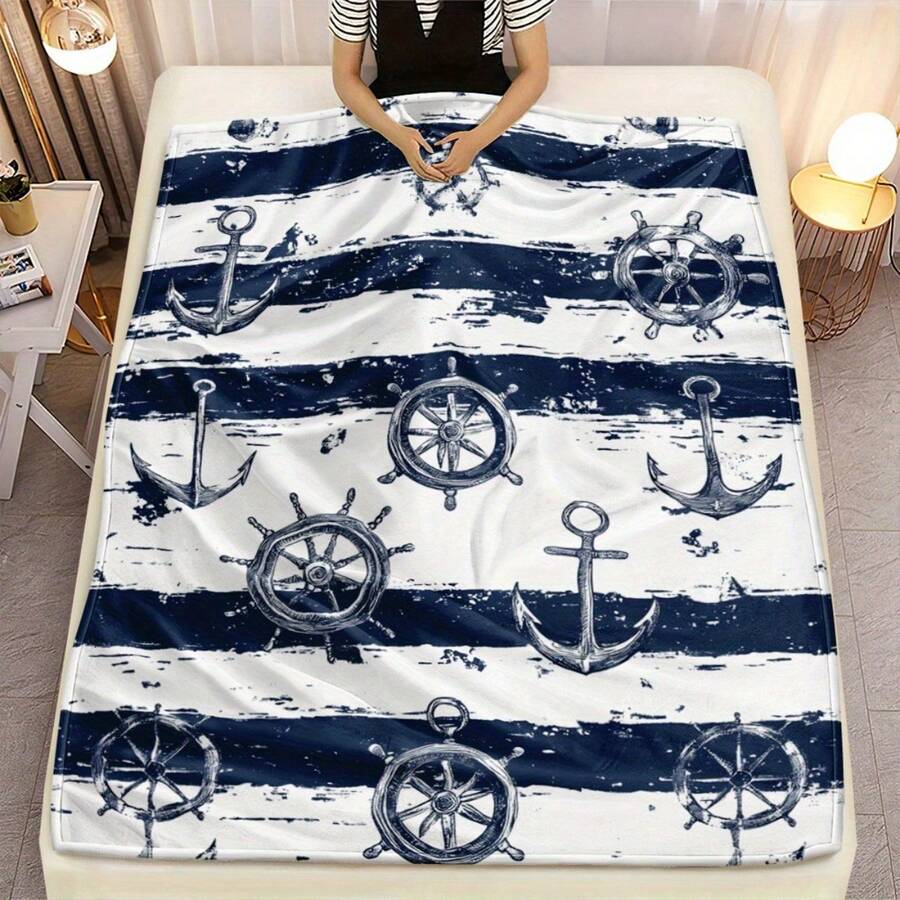 1pc Nautical Anchor & Wheel Design Flannel Blanket - Lightweight, Soft & Warm, Blue & White Striped Pattern, Perfect For Bedding, Sofas, Travel, Camping, And Home Decor, Camping Essentials  Nautical Theme  Plush Texture, Nautical Decor