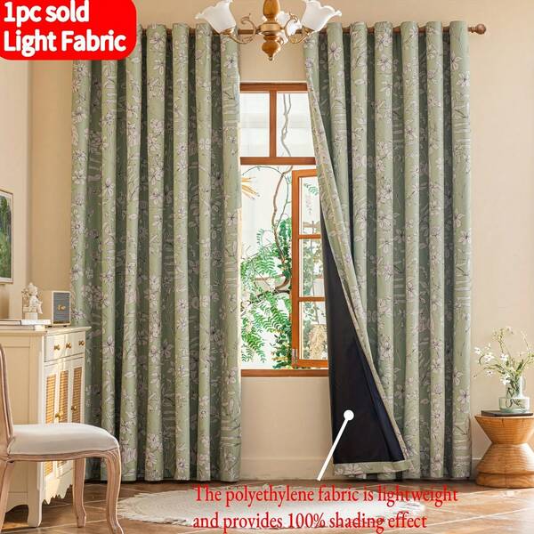1pc Farmhouse Style Ditsy Floral Blackout Curtain, Matcha Green, Fade-Resistant, Lightweight Fabric, Easy Installation, 100% Blackout Coating, Privacy Protection, All Season Use, Grommet Top, Machine Washable, Fresh And Simple Home Window Decor For Living Room, Bedroom, Office