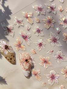 1 Stück glänzende rosa Lilien Nagel Aufkleber mit blühenden Blütenblättern, 5D romantischer japanischer Stil Blumen für elegante florale selbstklebende Nageldekoration Maniküre