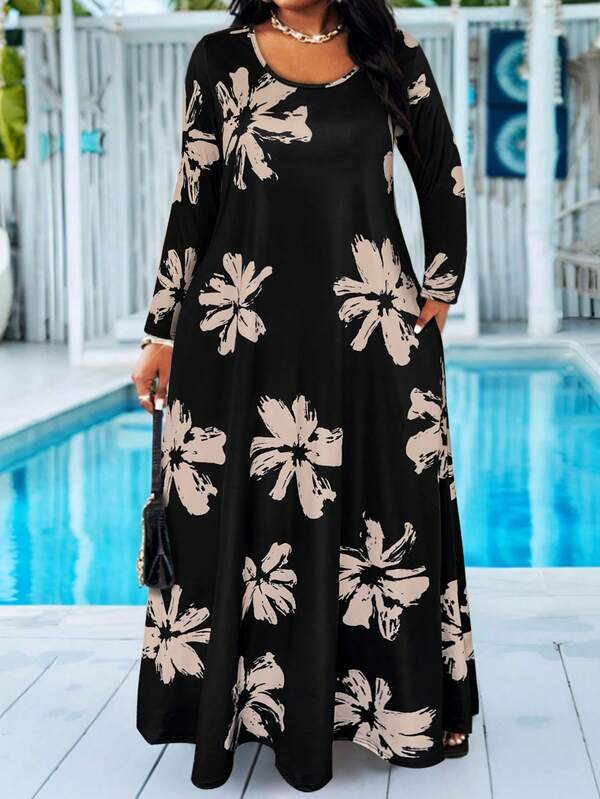 Spring/Autumn New Floral Print Plus Size Women Long Sleeve Knit Dress, Suitable For Outings And Dates