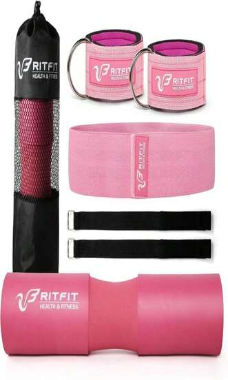 RitFit 7 Pcs Barbell Squat Pad Set, With Resistance Band, 2 Safety Straps, 2 Gym Ankle Straps &Amp; Carry Bag, Upgraded Neck &Amp; Shoulder Protective Pad Support For Squats, Lunges &Amp; Hip Thrust (Pink_Black)