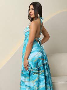 SUMMER DRESS WITH VARIOUS COLOR PRINT, LONG VISCOLINHO, OPENING ON THE BACK, V-CUT, STRAPS - 藍白色 - 查看 4