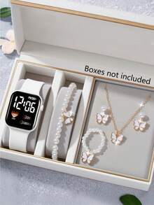 Set de 6 ceasuri electronice drăguțe și la modă pentru femei, cu afișaj digital în formă de inimă și LED, echipate cu brățară cu bijuterii fluture, colier, inel, set de cercei, potrivite pentru viața de zi cu zi, cum ar fi întoarcerea la școală, petreceri și călătorii, cadou de ziua de naștere, Ziua Îndrăgostiților, sezonul absolvirii, Crăciun, cadoul perfect pentru doamne