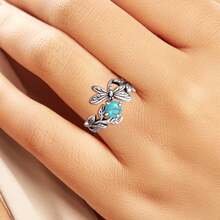 1pc Adjustable 925 Silver Dragonfly & Turquoise Ring, Insect Branch Open Ring Jewelry Gift For Women