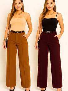 Kit 2 Women's Wide Leg Pants With Belt - 葡萄酒/焦糖 - 查看 2