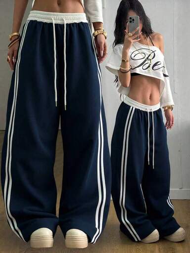 Autumn/Winter New Contrast Color Drawstring Relaxed Casual Pants, American High Waist Straight Leg Side Stripe Pocket Wide Leg Sweatpants Patchwork Slouchy Dance Sports Sweatpants