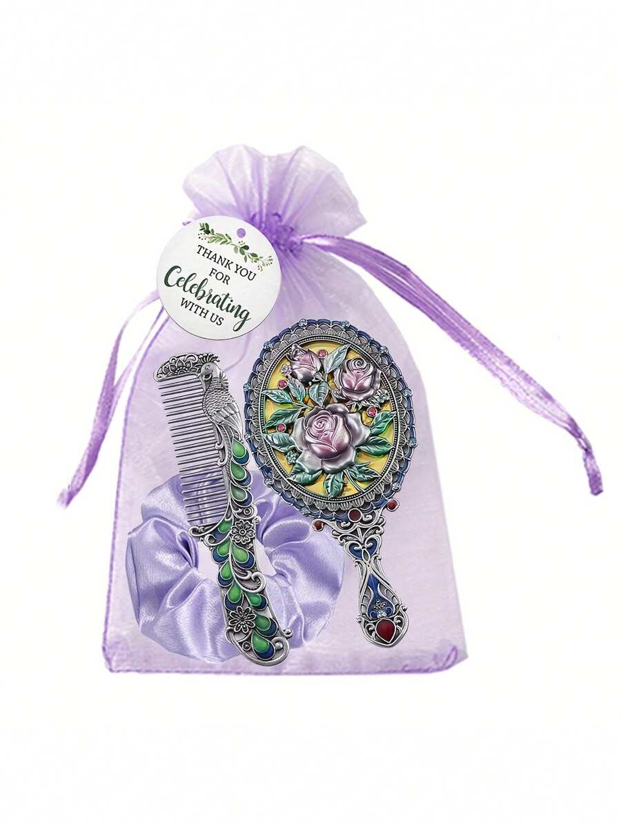 5 piezas Juego de Espejo y Peine con Rosas Moradas Vintage, incluye Bolsa con Cordón y Tarjeta de Agradecimiento, Adecuado para Novia, Dama de Honor, Reuniones Diarias, Regalo de Navidad para la Novia
