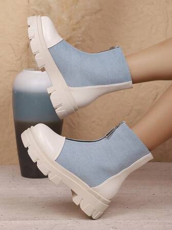 1 Pair Fashion Front Zipper Patchwork Women's Ankle Boots, Versatile For Spring And Autumn