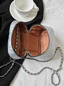 Bolso de cadena con patrón de diamantes de unicolor estilo poliéster, bolso de mano de metal en miniatura para mujer, bolso todoterreno, bolso de barril pequeño y de nicho adecuado para negocios, ocio, trabajo, oficina, vacaciones, compras, viajes, adecuado para moda femenina, minimalismo, dinero antiguo - Plateado - Ver 5